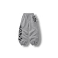 LOWLOW Brand Icon Sweatpants in heather grey with black LOWLOW script down the leg and paisley icon at the hip, front view