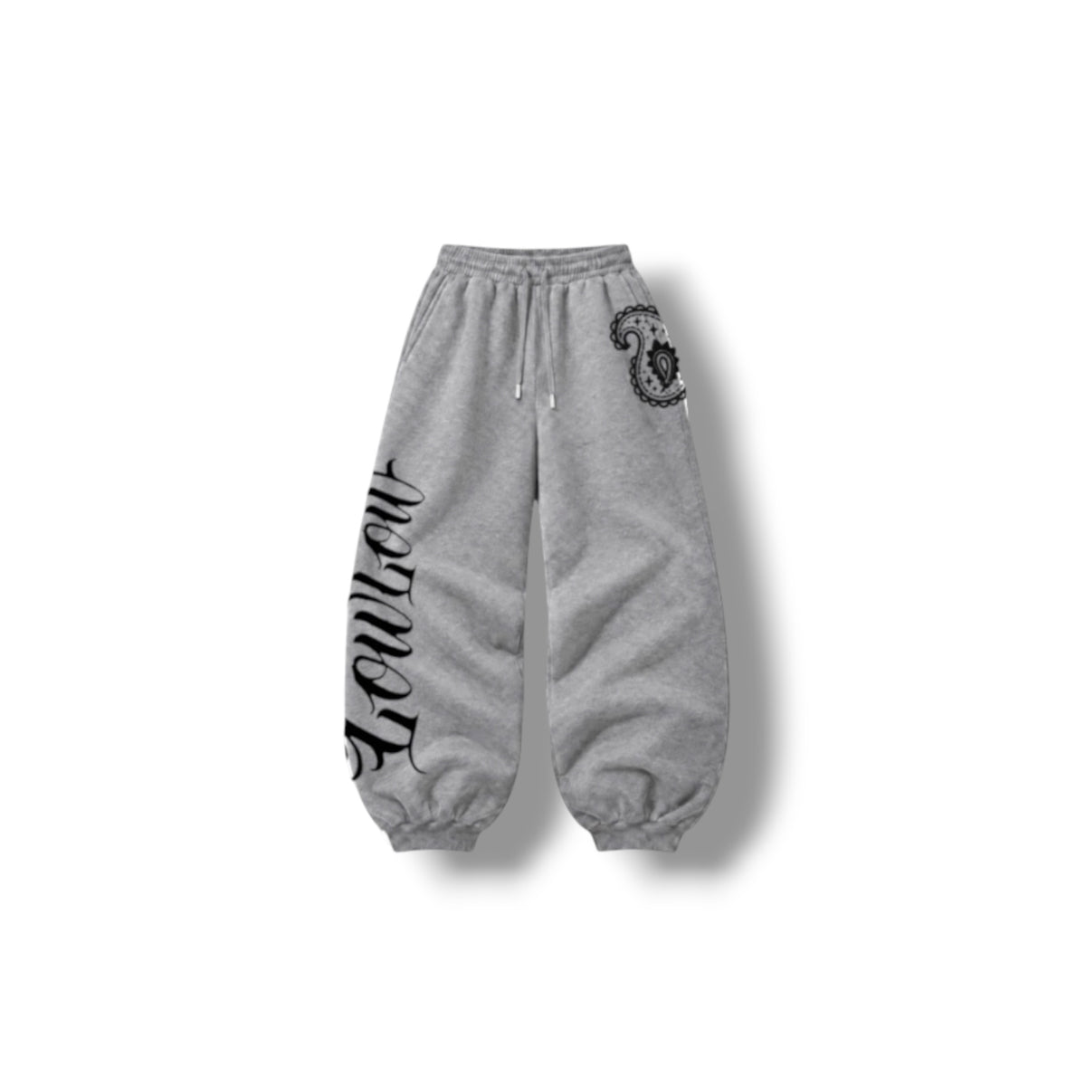 LOWLOW Brand Icon Sweatpants in heather grey with black LOWLOW script down the leg and paisley icon at the hip, front view