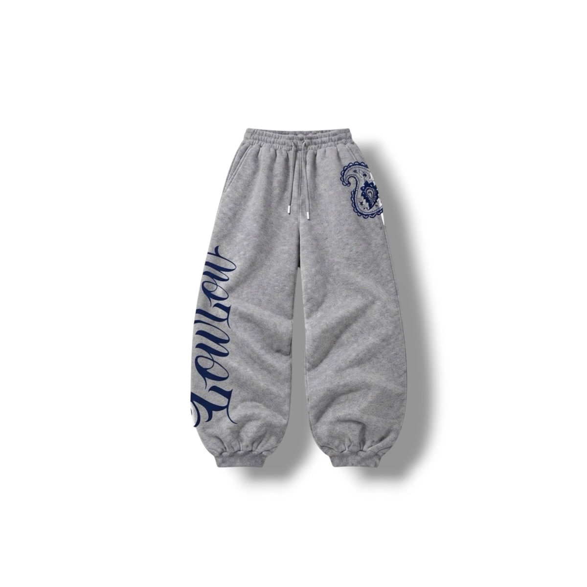 LOWLOW Brand Icon Sweatpants in heather grey with navy LOWLOW script down the leg and paisley icon at the hip, front view