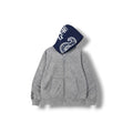 LOWLOW Brand Icon Full Zipper hoodie in heather grey with navy hood showing script wordmark and paisley icon, front view
