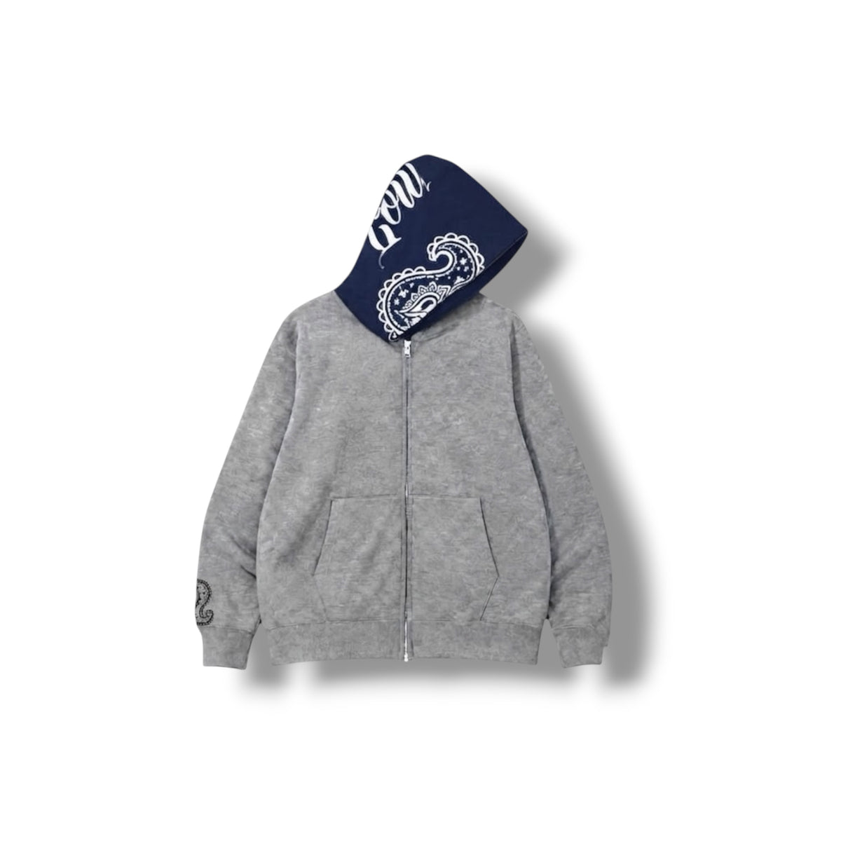 LOWLOW Brand Icon Full Zipper hoodie in heather grey with navy hood showing script wordmark and paisley icon, front view