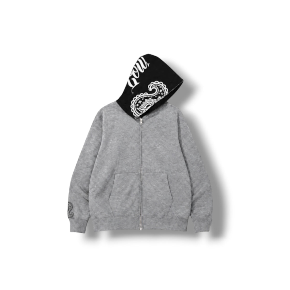 LOWLOW Brand Icon Full Zipper hoodie in heather grey with black hood showing script wordmark and paisley icon, front view