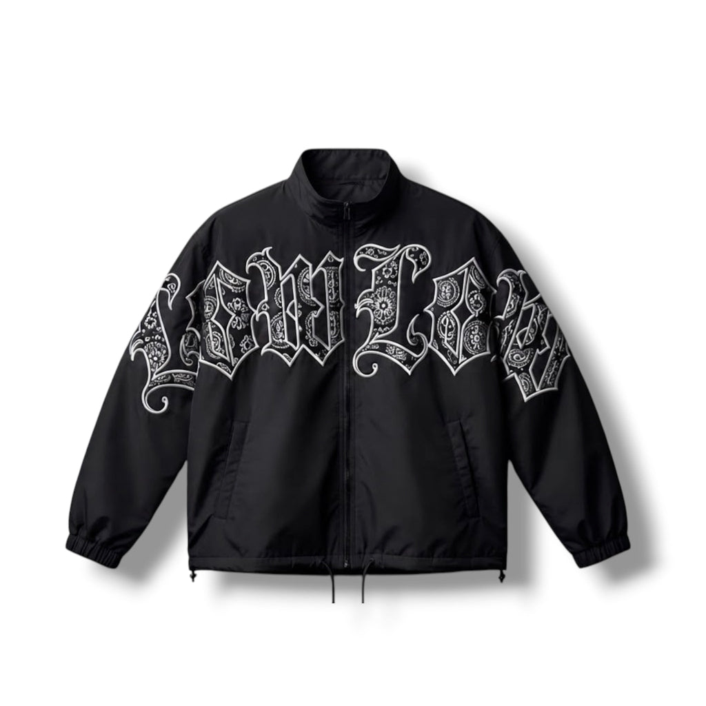 OLD ENGLISH TRACK JACKET – BLACKOUT - LOWLOW STREETWEAR